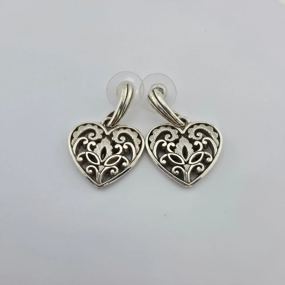 BRIGHTON 'Cordoba Heart' Earrings Open Scrollwork Floral Drop Silver Plate 1.5
